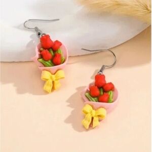 ❤️ FREE Flower Rose Floral Bouquet Boho Peasant Clay Like Chic Glam Earrings